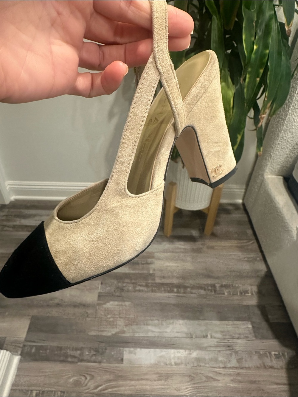 CHANEL Beige and Black Two-Tone Slingback Block Heels